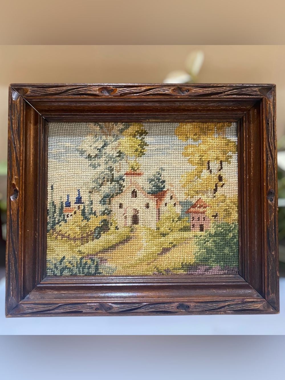 Vintage Needlepoint Wood Framed Wall Hanging Art Town Church Old World Charm